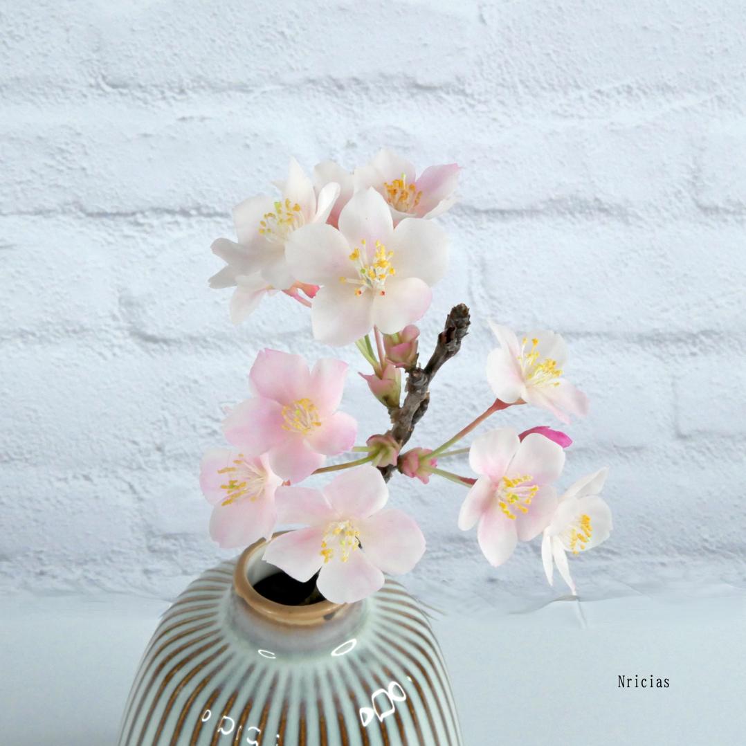 枯れない 桜 M　桜の枝使用 ✿クレイフラワー　NO.S3-edaM1枚目の画像